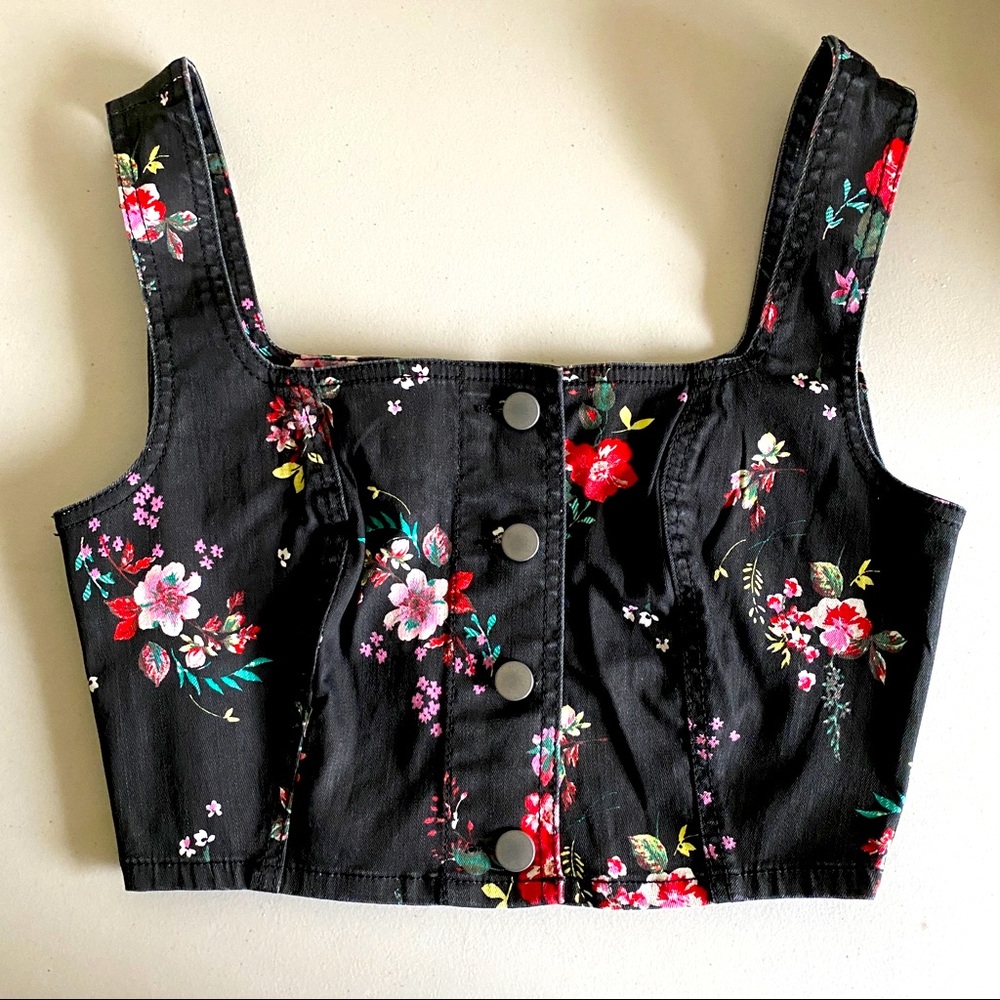 Material Girl Denim Floral Flower Crop Midriff Top